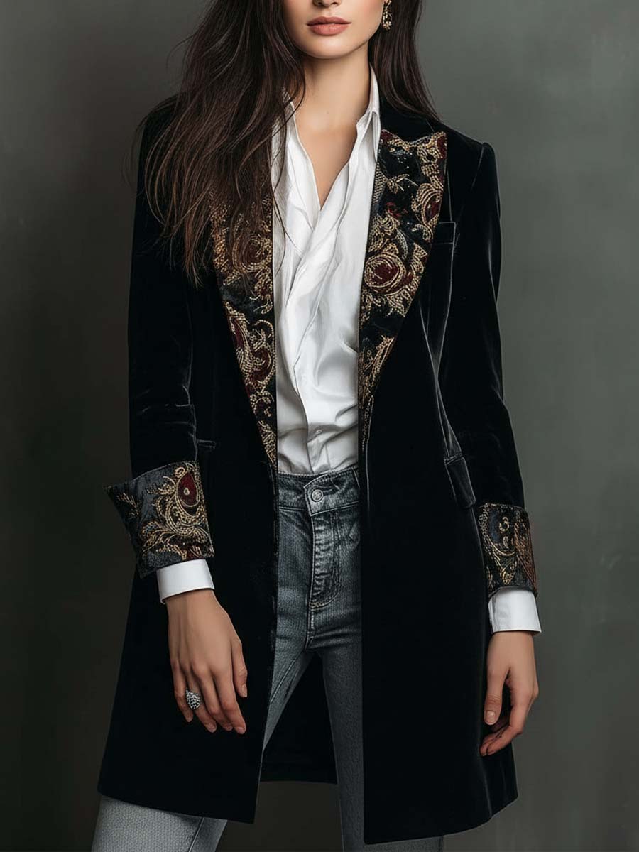 Blazer slim noir à imprimé baroque pour femmes