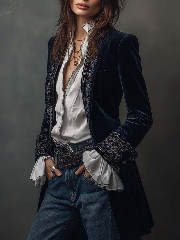 Women's Vintage Embroidered Longline Navy Jacket