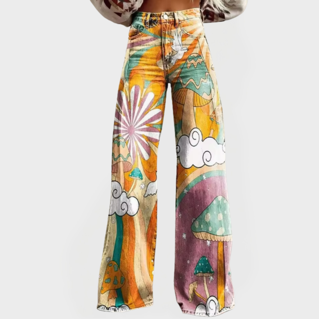 Jeans à motifs champignons psychédéliques