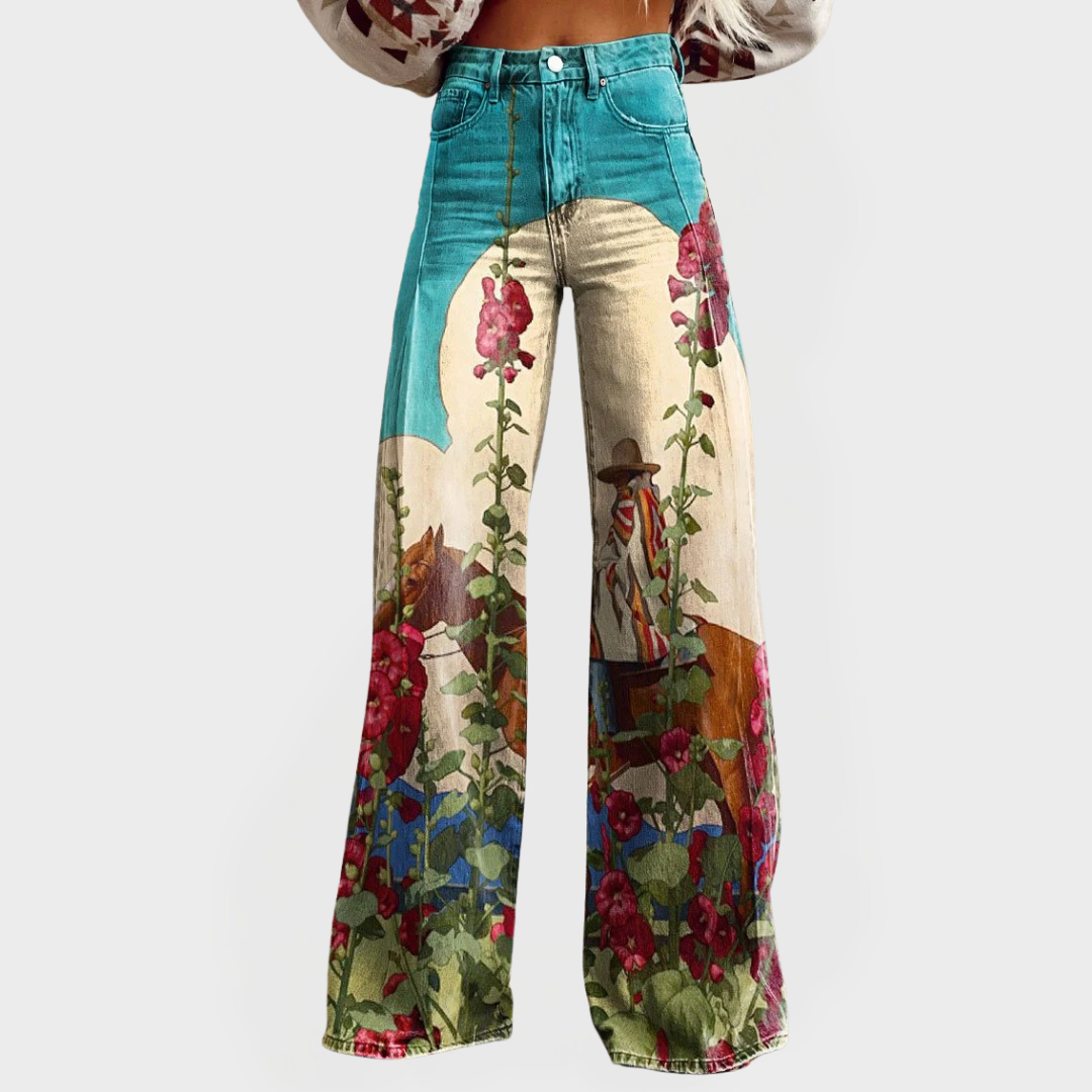 Stylish Floral Print Wide Leg Jeans