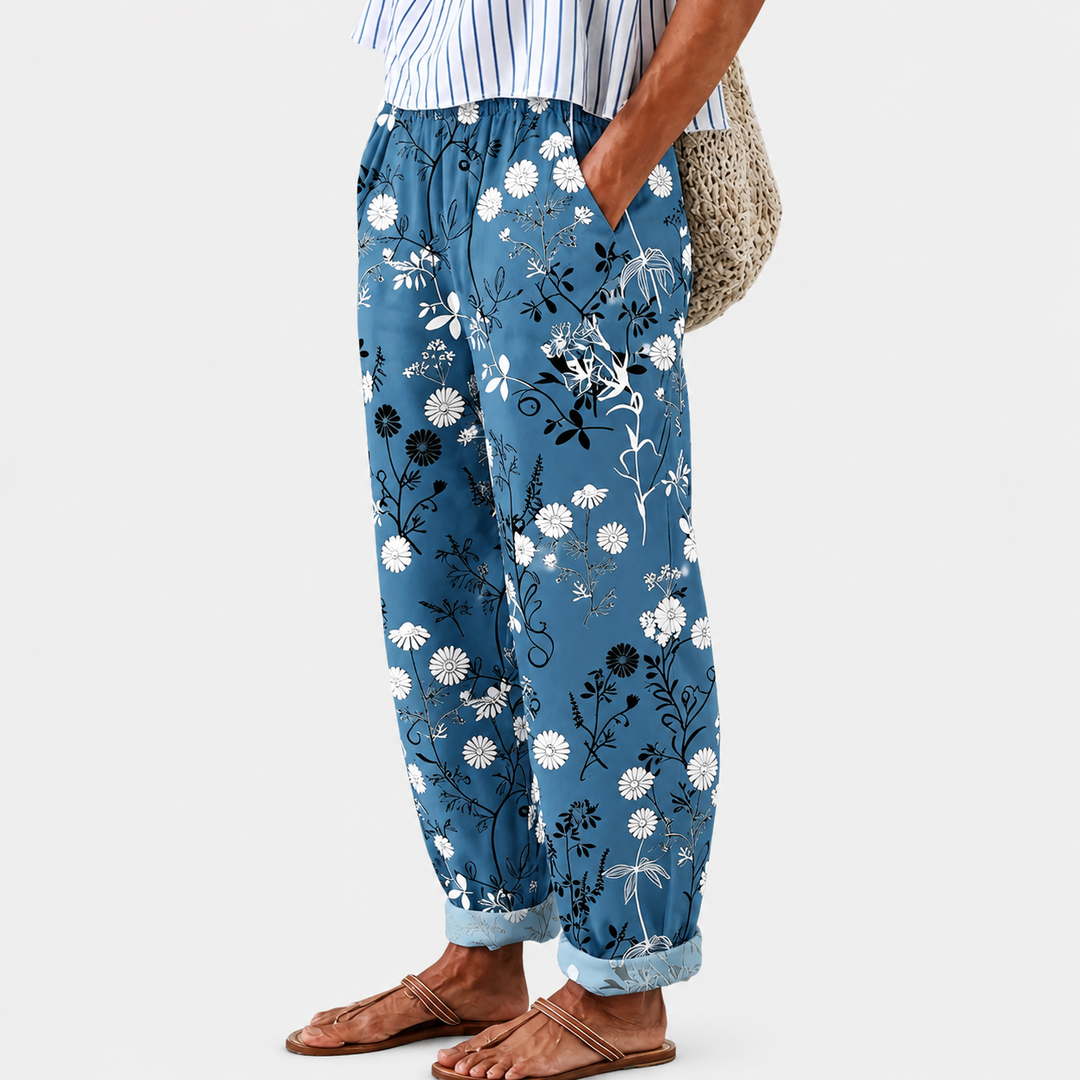 Pantalon Relax Bleu à Fleurs