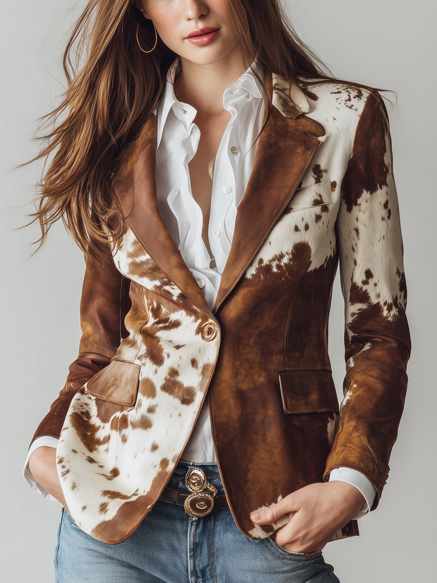 Blazer Vintage Écologique Imprimé Vache pour Femmes