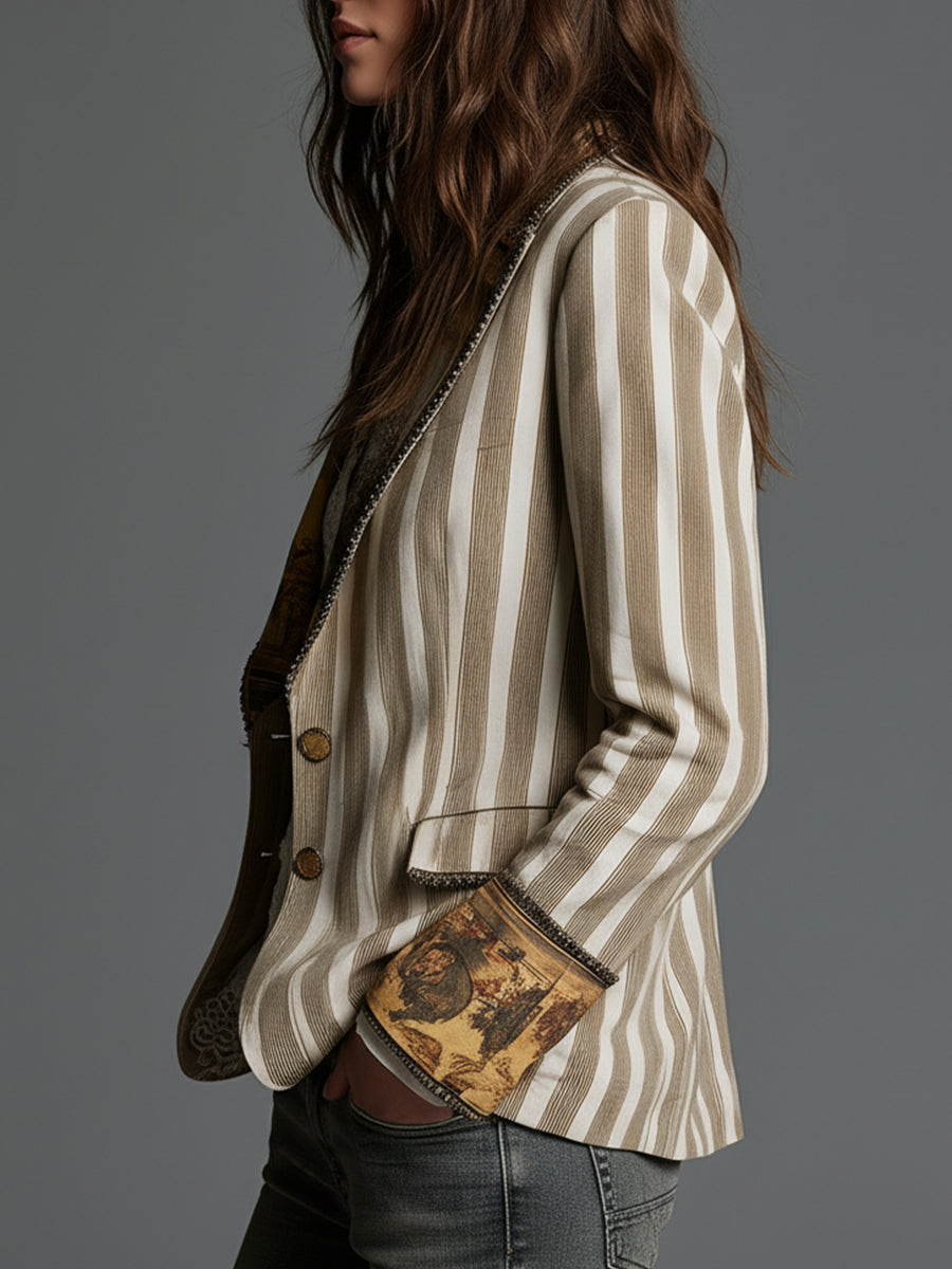 Blazer rayé à revers imprimé pour femmes