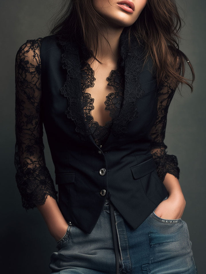 Noémie | Black Blazer Top with Semi-Sheer Sleeves