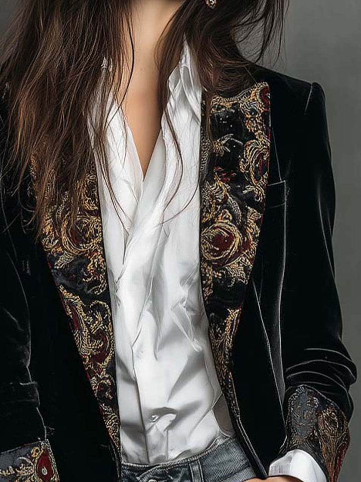Blazer slim noir à imprimé baroque pour femmes