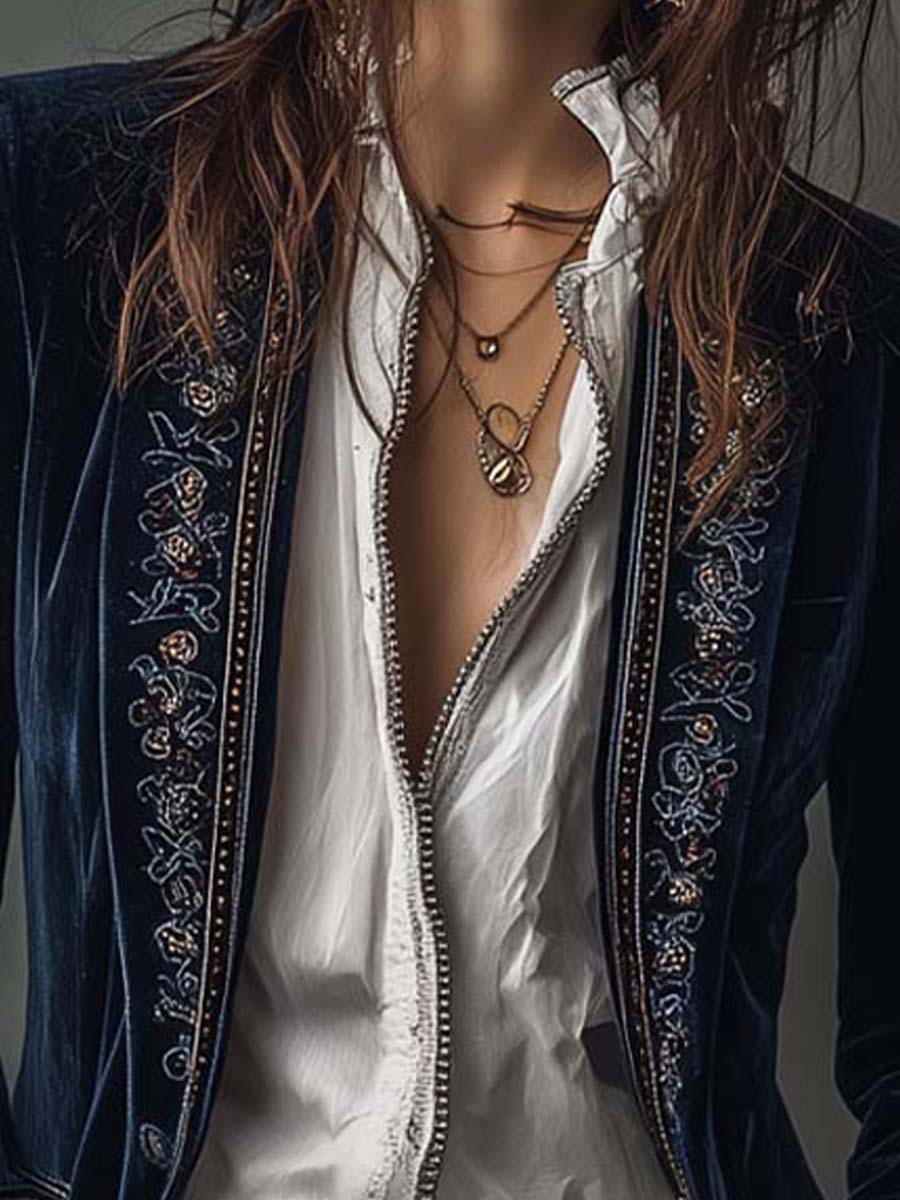 Women's Vintage Embroidered Longline Navy Jacket