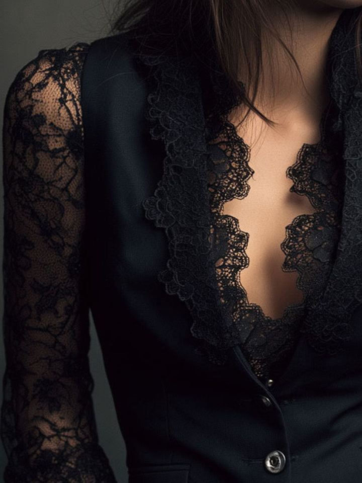 Noémie | Black Blazer Top with Semi-Sheer Sleeves