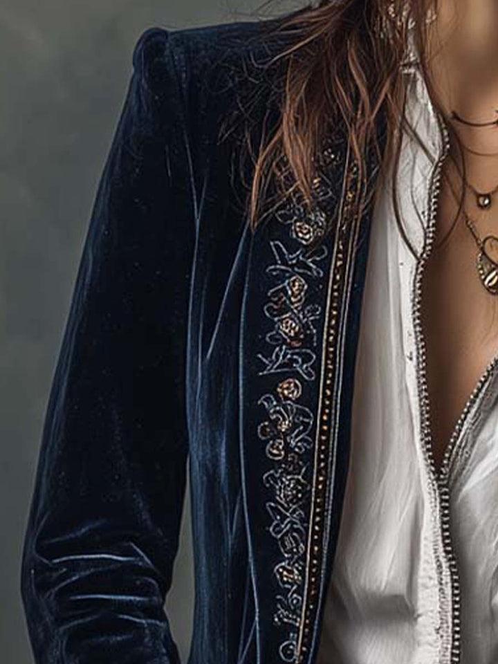 Women's Vintage Embroidered Longline Navy Jacket