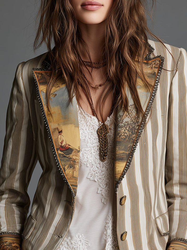 Blazer rayé à revers imprimé pour femmes