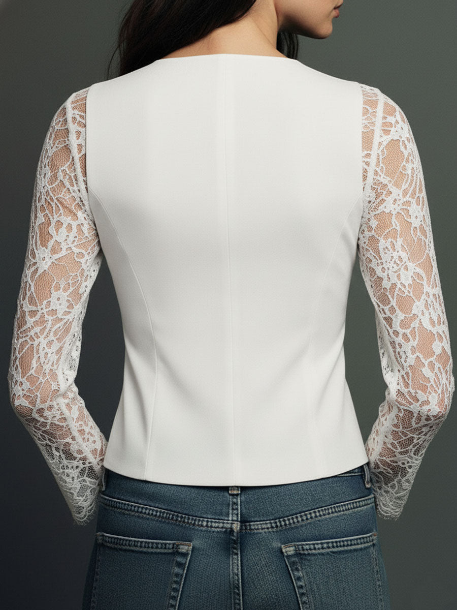 Noémie | Black Blazer Top with Semi-Sheer Sleeves