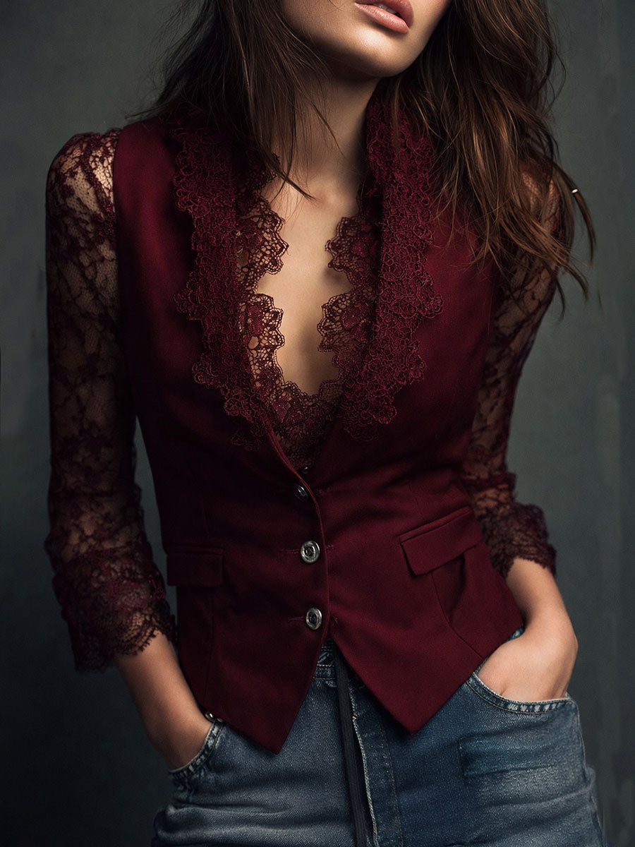 Noémie | Black Blazer Top with Semi-Sheer Sleeves