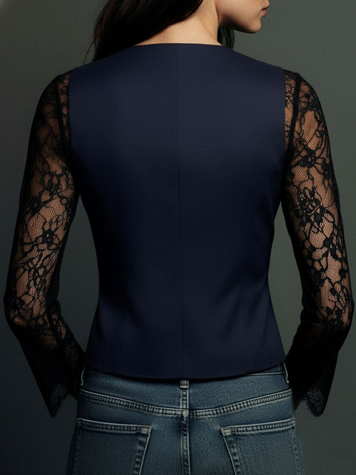 Noémie | Black Blazer Top with Semi-Sheer Sleeves