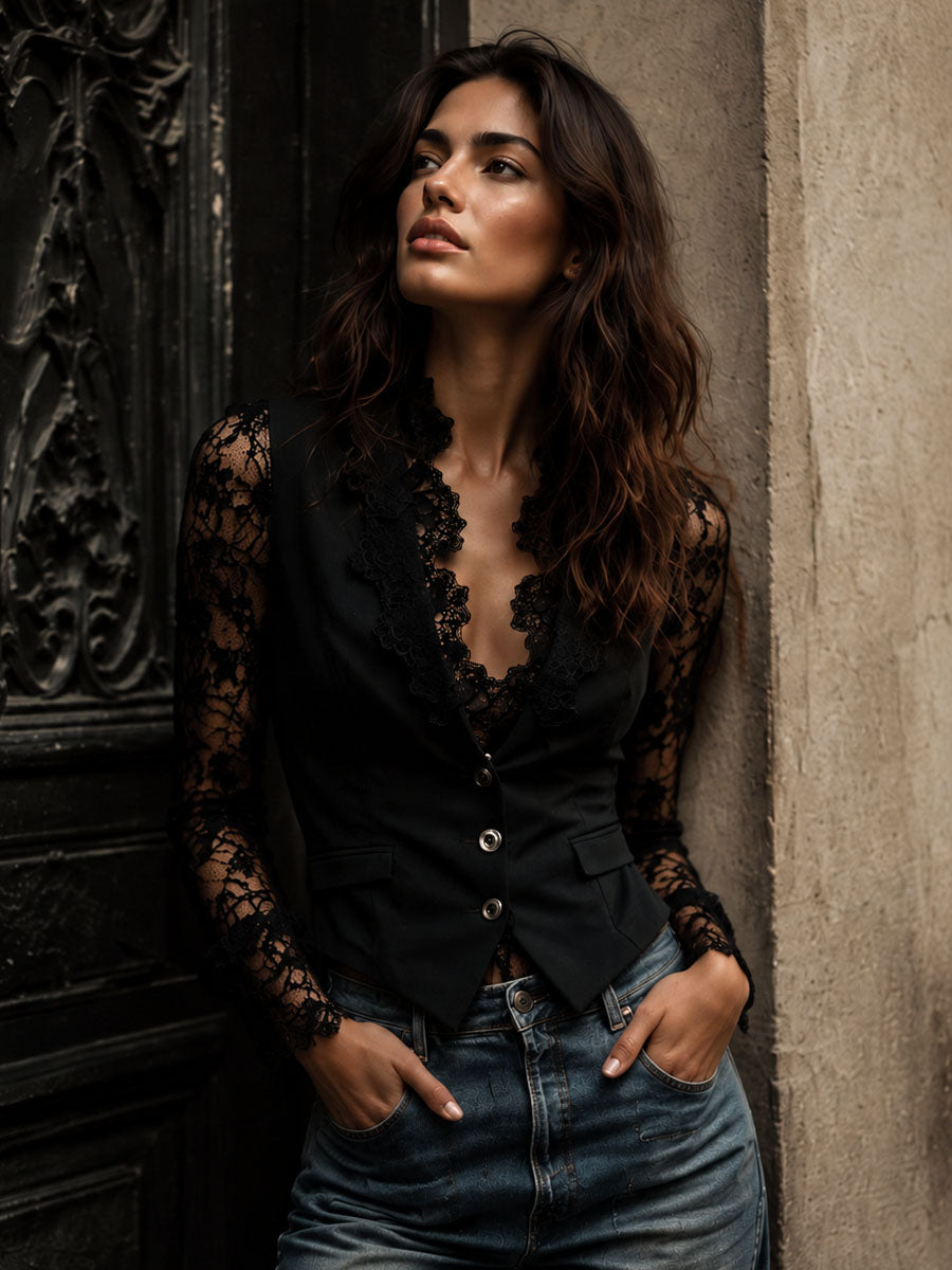 Noémie | Black Blazer Top with Semi-Sheer Sleeves