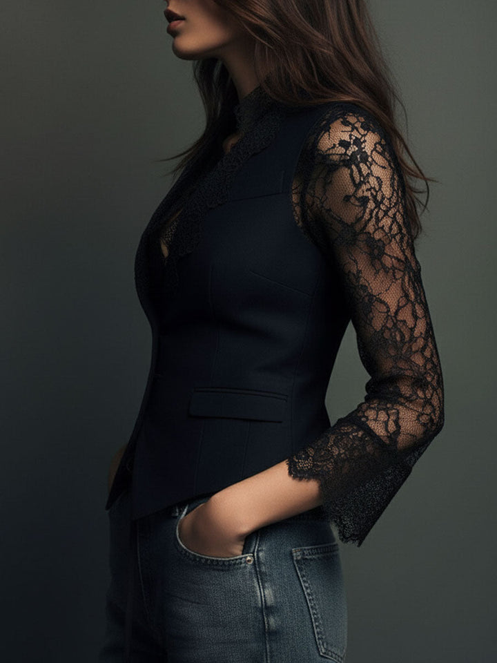 Noémie | Black Blazer Top with Semi-Sheer Sleeves