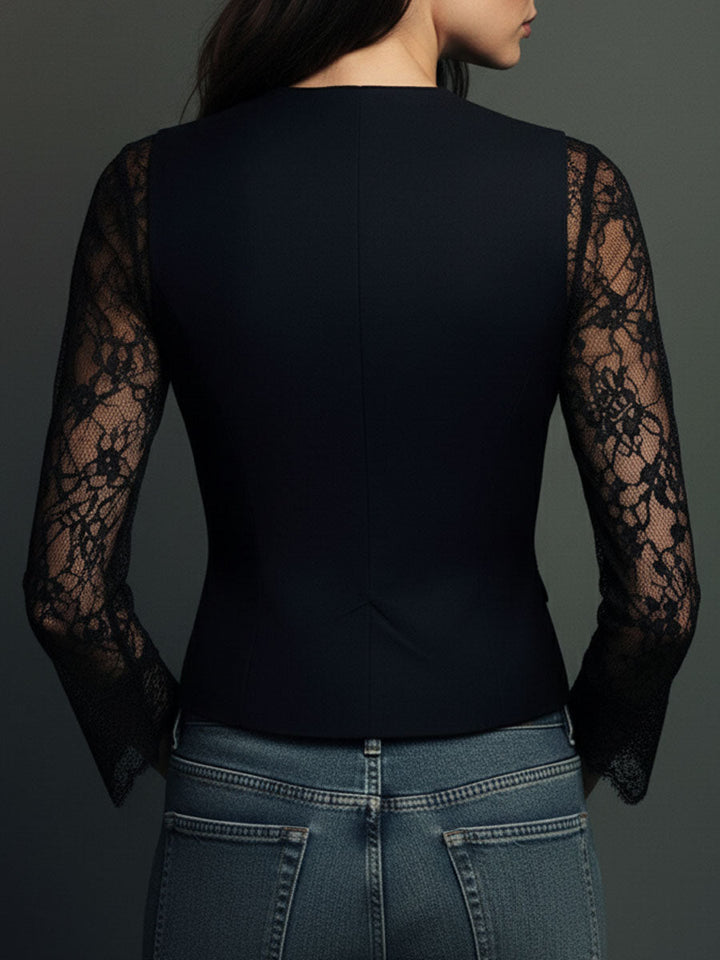 Noémie | Black Blazer Top with Semi-Sheer Sleeves
