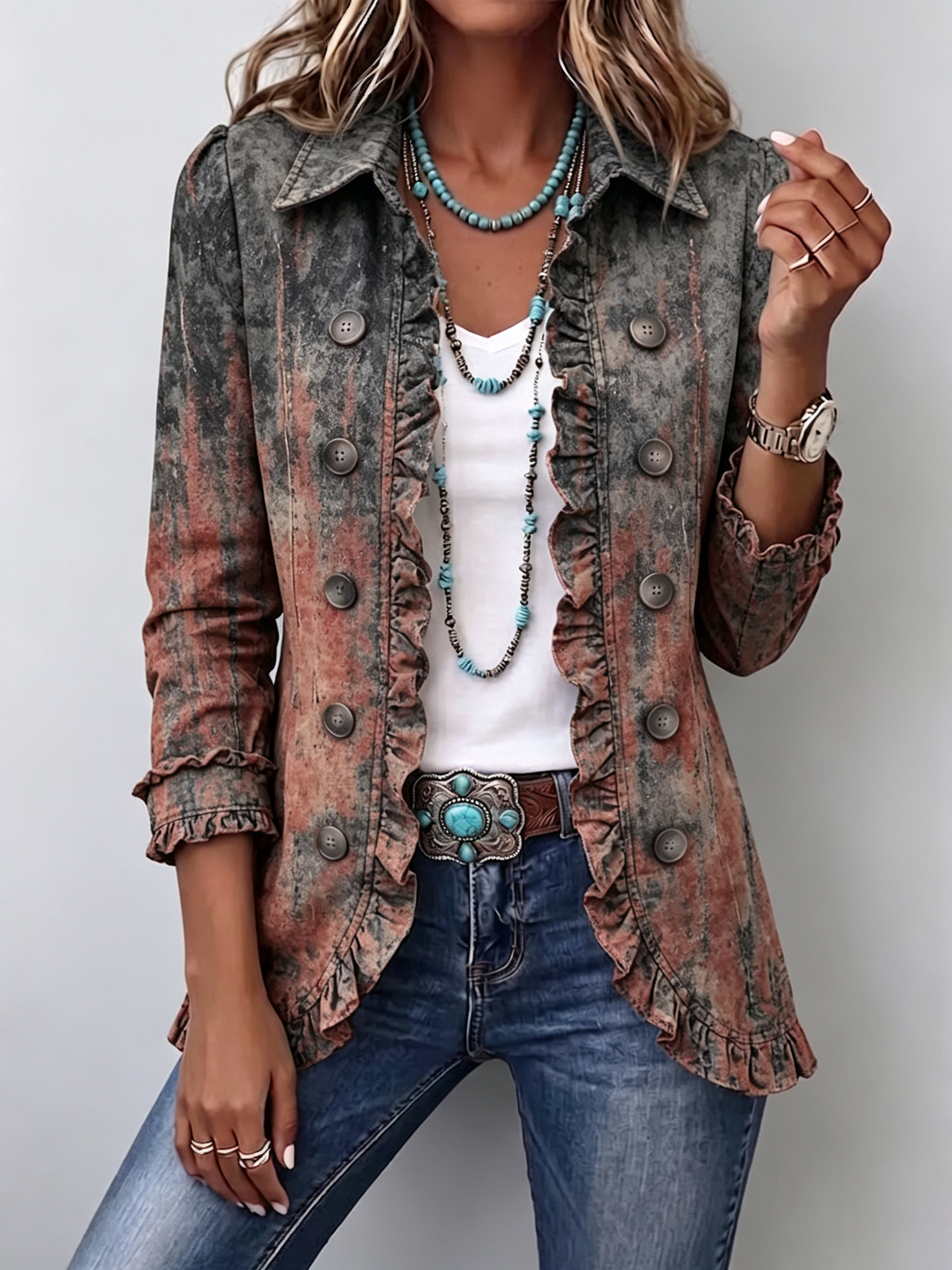 Bristow | Vintage Degraded Textured Fabric Ruffled Jacket